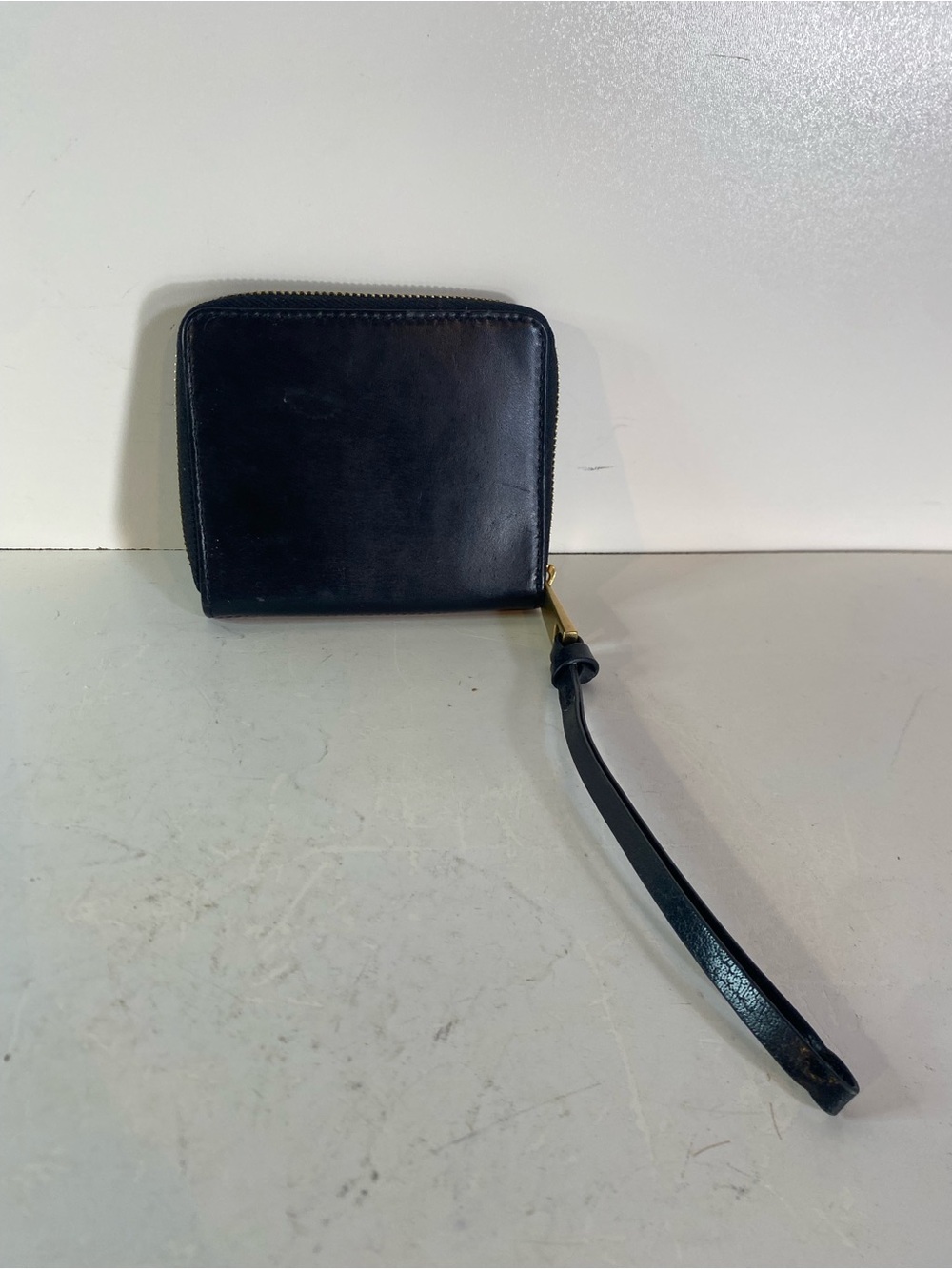 Margot New York Bifold Black Leather Zippered Wallet With Wrist Strap